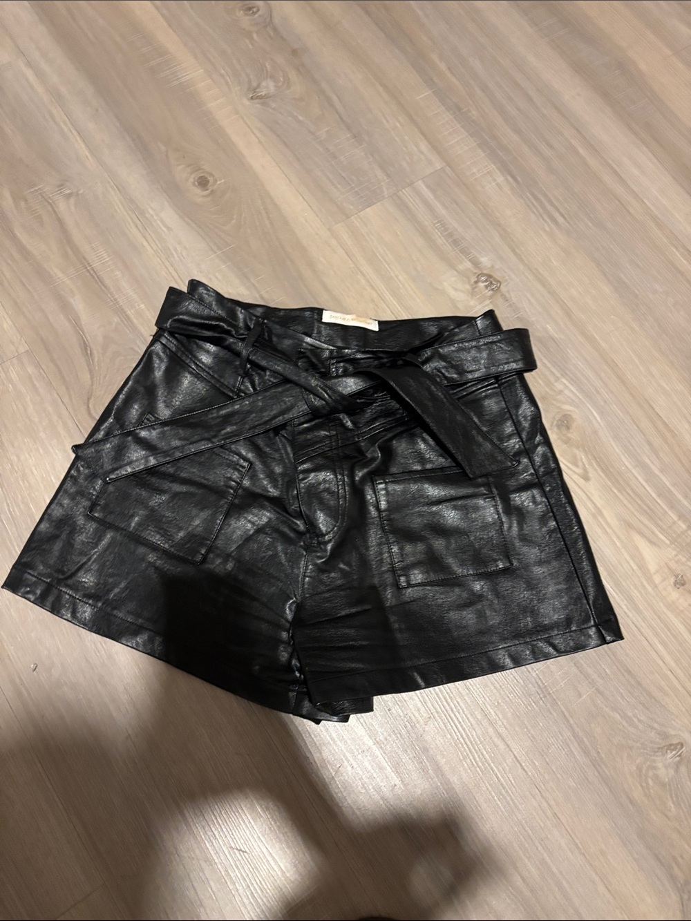 Pookie and Sebastian Black Faux Leather High-Waist Tie Belt Shorts